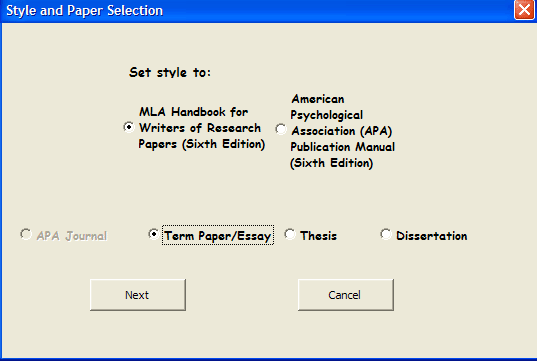 Citation Wizard's style-setting menu