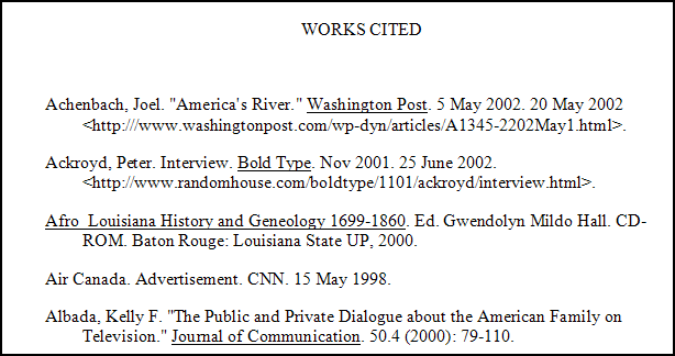 sample of a Works Cited page created by Citation Wizard